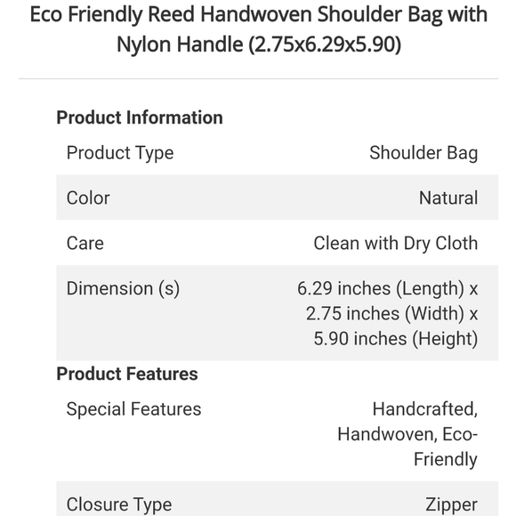 Eco Friendly Reed Handwoven Shoulder Bag with Nylon Handle (2.75x6.29x5.90) NWT - Picture 7 of 8